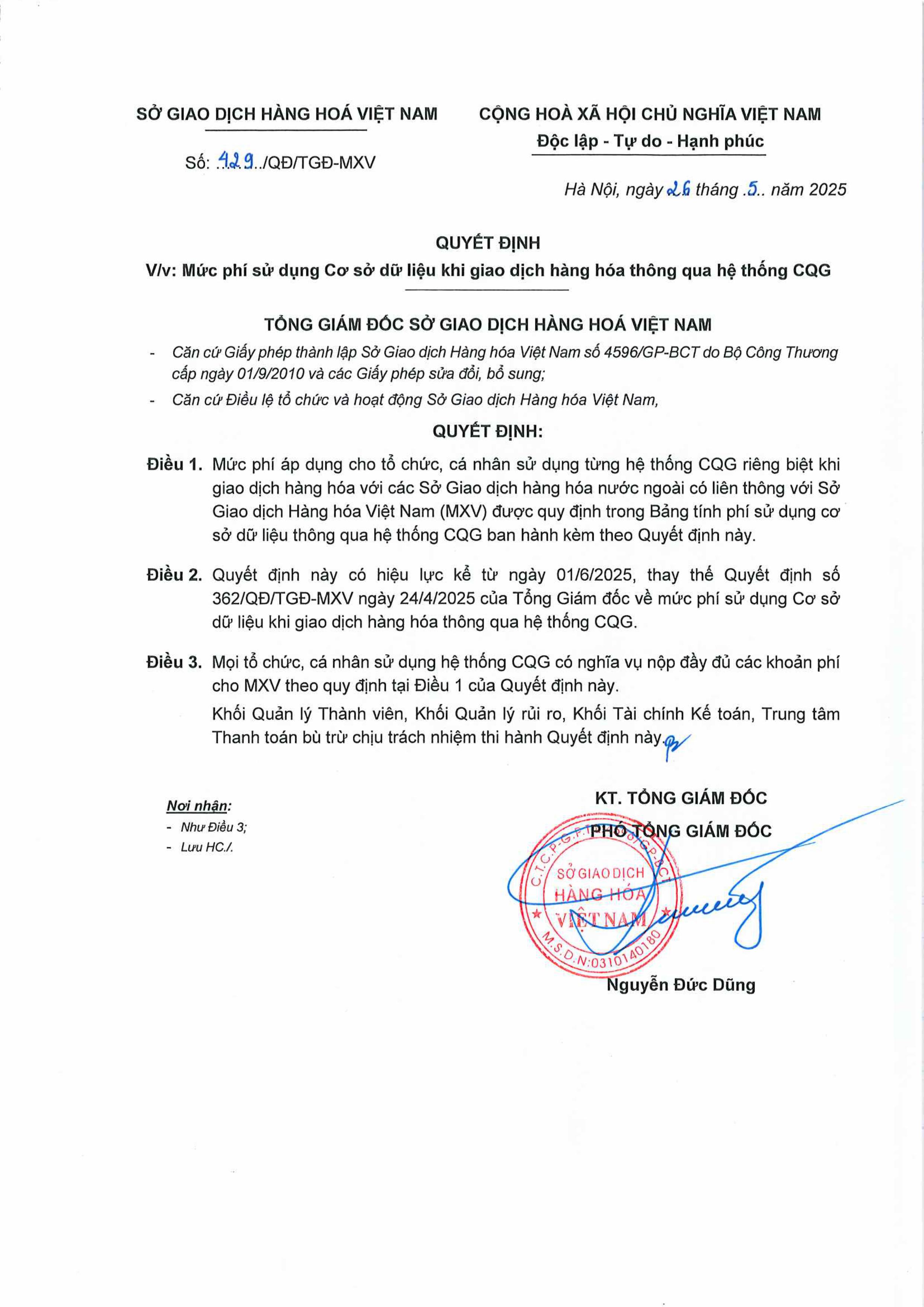 429QĐ vv Mức phí sử dụng Cơ sở dữ liệu khi giao dịch hàng hóa thông qua hệ thống CQG Ngày 26.5.2025 images 0